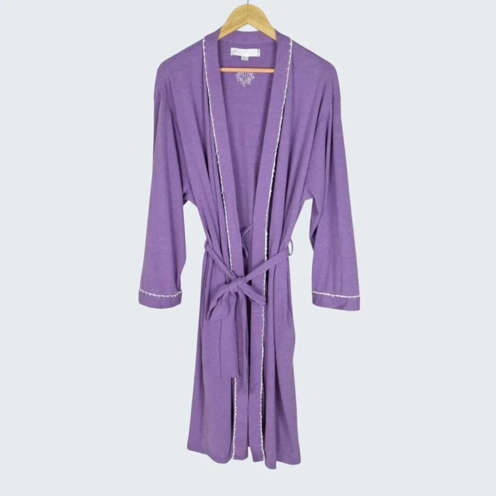EILEEN WEST COTTON PURPLE LONG SLEEVE BELTED POCKETS ROBE - Picture 2 of 10